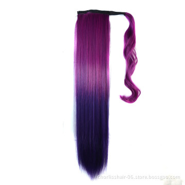 Wholesale Ombre Purple Colorful Synthetic Hair Ponytail Extensions Silky Straight Clip In Ponytail Wrap Around Synthetic Hair